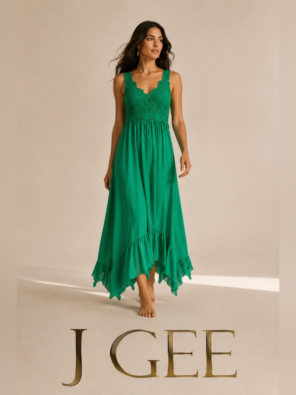 Emerald Green Crochet-Detail Maxi Dress